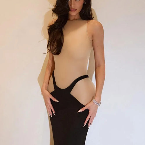 Load image into Gallery viewer, Patchwork Sleeveless Sexy Maxi Dress For Women Fashion Color Contrast Bodycon Elegant Evening Club Sexy Long Dress
