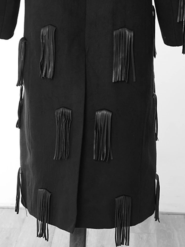 Women Black Pu Leather Tassels Big size long Trench New Lapel Long Sleeve Windbreaker Fashion Spring Autumn 2025 1DH4394