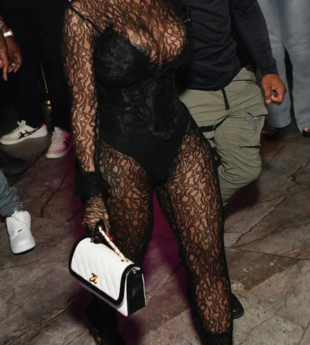 Sexy Hollow Out Mesh Jumpsuit Women's Set See Through Long Sleeved Long Pants Two-piece Set 2025 Spring New Clothing