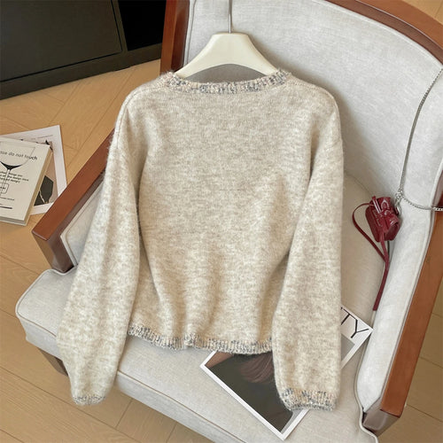 Load image into Gallery viewer, Korean Simple Khaki Long Sleeves Loose Knit Crochet Sweater Women's Round Neck Office Lady Short Pullover Tops Autumn Winter New
