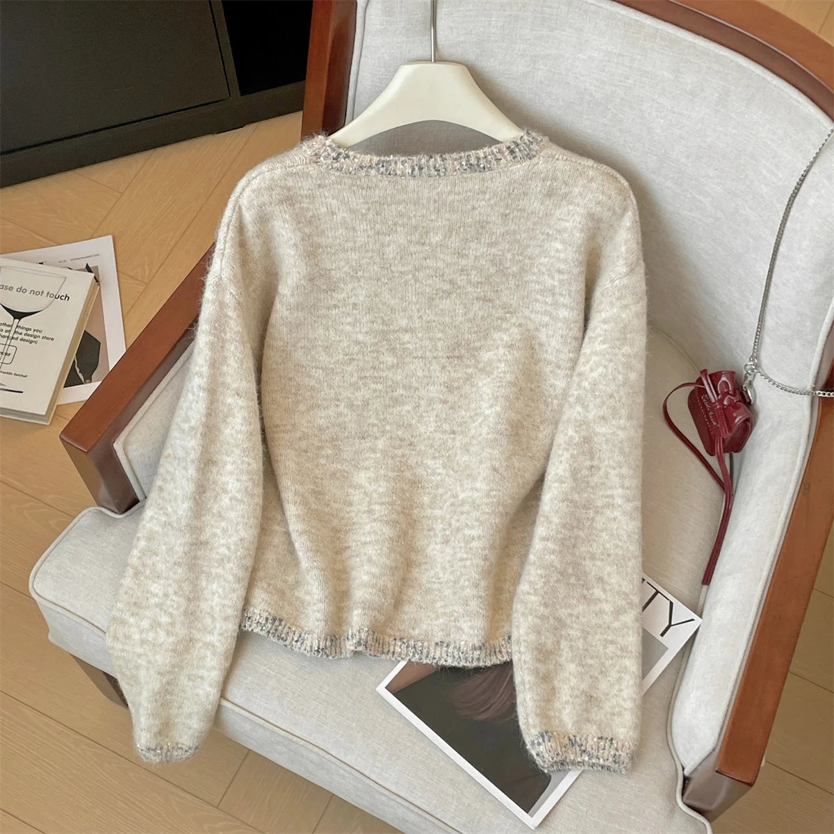 Korean Simple Khaki Long Sleeves Loose Knit Crochet Sweater Women's Round Neck Office Lady Short Pullover Tops Autumn Winter New