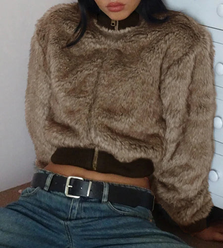 Fluffy Maillard Brown Faux Fur Jacket Women Autumn Winter Warm Crop Zip-Up Coat Outwear Vintage Jackets Fashion Coats