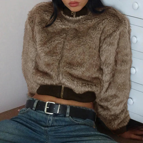 Load image into Gallery viewer, Fluffy Maillard Brown Faux Fur Jacket Women Autumn Winter Warm Crop Zip-Up Coat Outwear Vintage Jackets Fashion Coats
