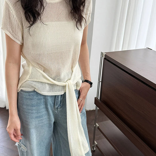 Load image into Gallery viewer, Women Blue Knitting Bandage Thin Casual T-shirt New Round Neck Short Sleeve Fashion Tide Spring Summer 2025 1DJ1305
