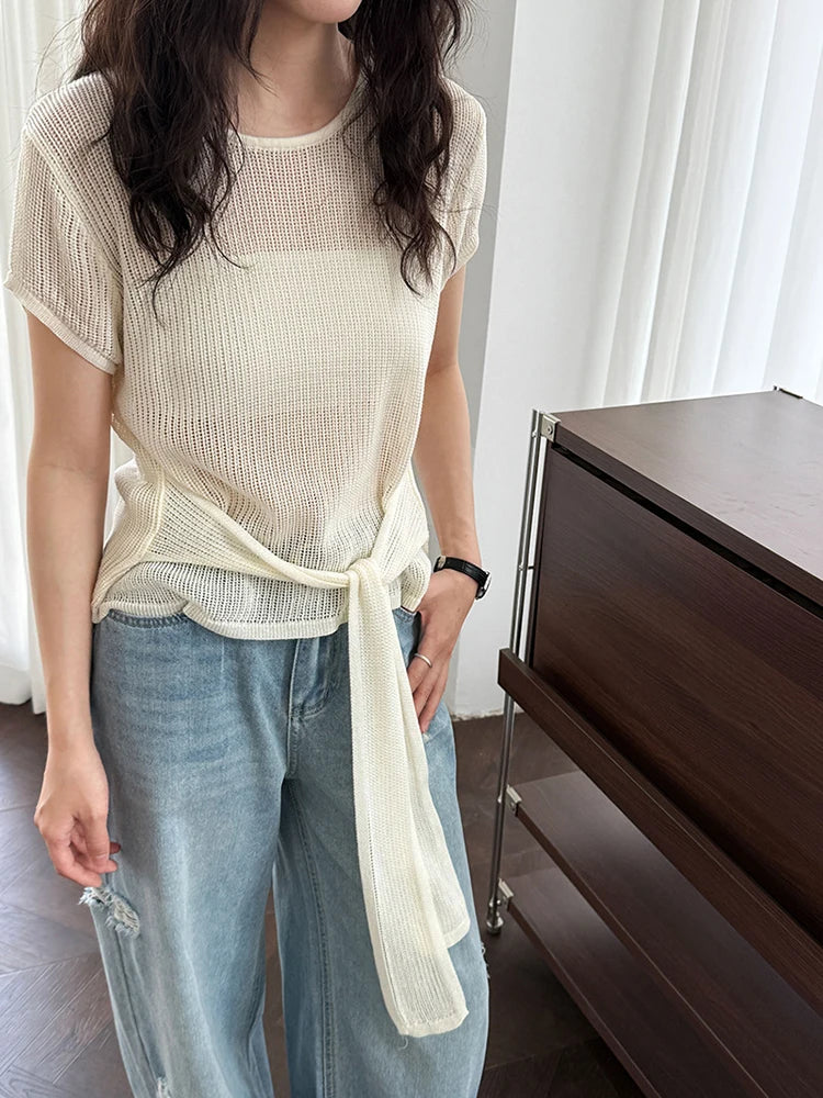 Women Blue Knitting Bandage Thin Casual T-shirt New Round Neck Short Sleeve Fashion Tide Spring Summer 2025 1DJ1305