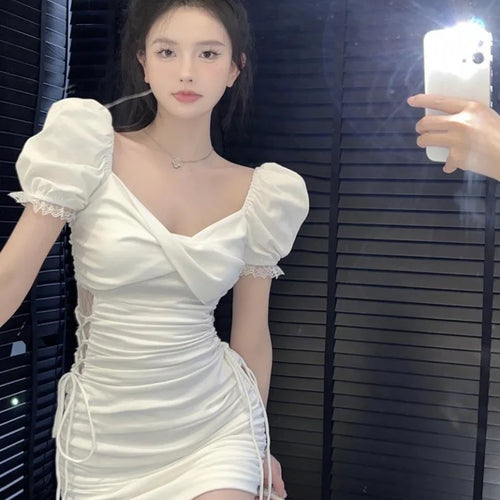 Load image into Gallery viewer, Sexy Bandage Lace Bodycon Dress Whtie Puff Sleeve Wrap Short Dresses Summer Sundress Korean Fashion Kpop
