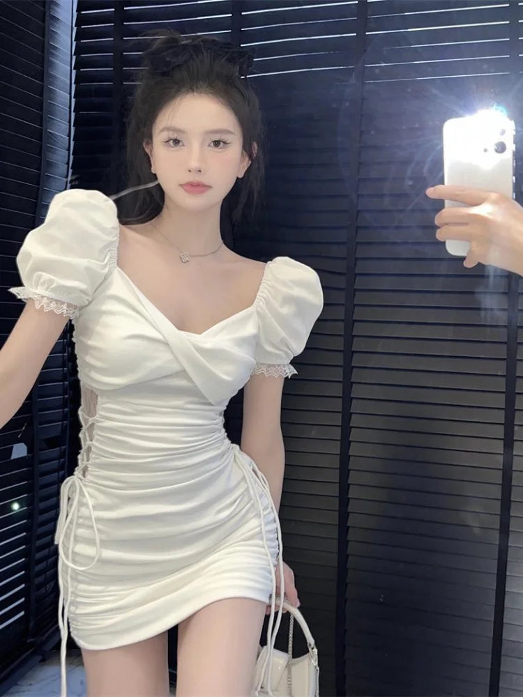Sexy Bandage Lace Bodycon Dress Whtie Puff Sleeve Wrap Short Dresses Summer Sundress Korean Fashion Kpop