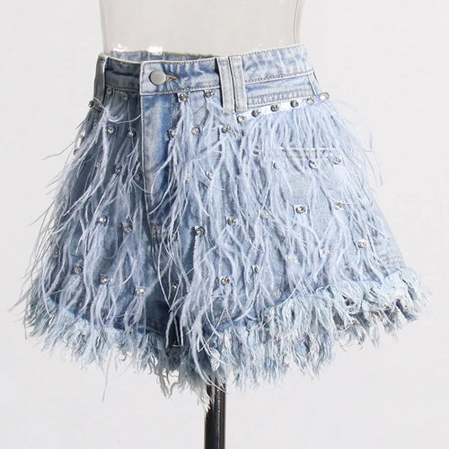 Load image into Gallery viewer, Patchwork Diamonds Designer Denim Shorts For Women High Waist Spliced Feathers Casual Short Pants Female Fashion
