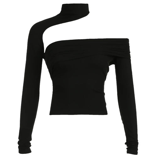 Load image into Gallery viewer, Streetwear Halter Turtleneck Sexy T shirt Women Autumn Crop Tops Fitness Basic Cut Out Asymmetrical Tees Party Club
