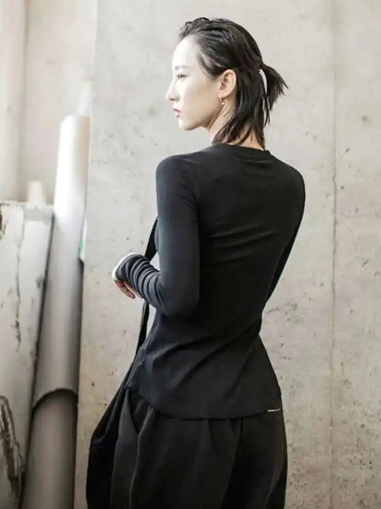 Women Burr Split Joint Asymmetrical Temperament T-shirt New Round Neck Long Sleeve  Fashion Tide  Spring Autumn 2025 1H312