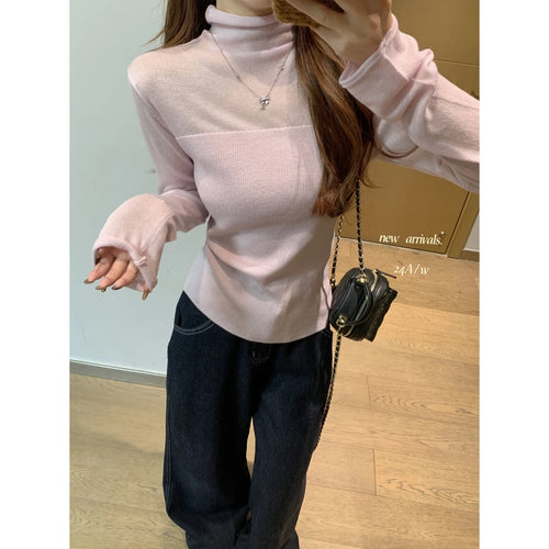 Load image into Gallery viewer, Retro Korean Version Women Solid Patchwork Elegant Knitted High Neck Sweater Autumn Winter Slim Pullovers Tops Simplicity Trendy
