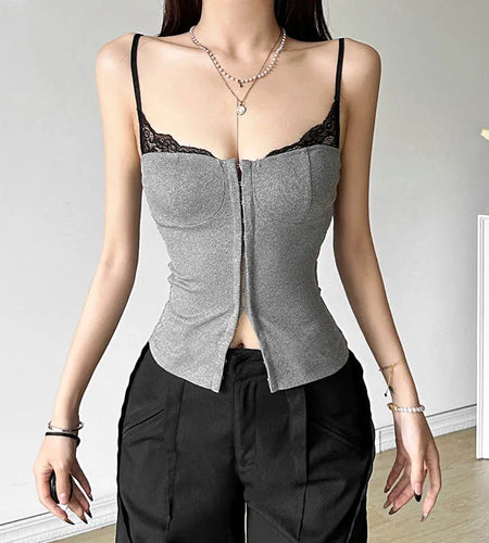 y2k Tops Women Aesthetic Clothing Lace Trim Low Cut Spaghetti Strap Sleeveless Camisole Vest 2000s Clothes Streetwear