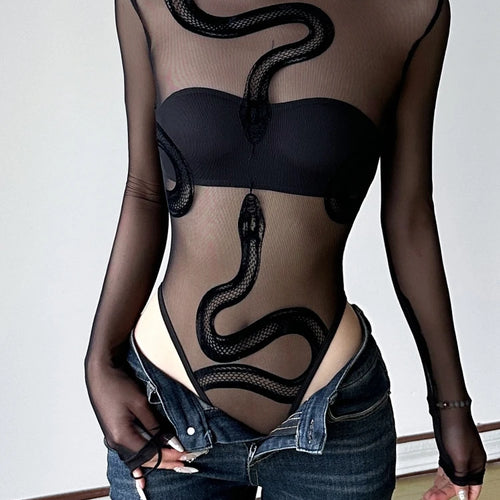 Load image into Gallery viewer, Summer Y2k Aesthetic Gauze Embroidery Snake Jumpsuits Streetwear Vintage Sexy Tshirts Women Grunge Half High Collar T-shirs
