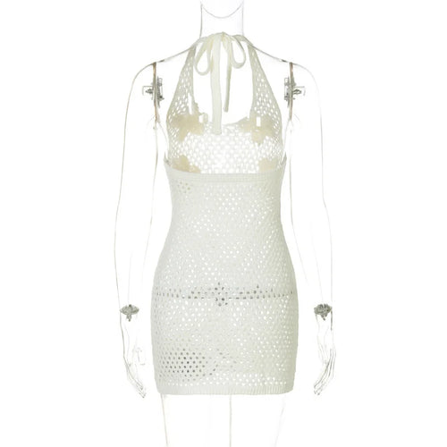 Load image into Gallery viewer, Hollow Out Beach Knit Sexy Mini Dress Women Elegant Halter Lace-up Sleeveless Backless Vacation Club Party Dress
