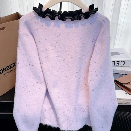 Load image into Gallery viewer, Autumn Winter French Patchwork Elegant V Neck Bow Ruffles Single Breasted Short Sweater Women New Long Sleeved Knitted Tops 2024
