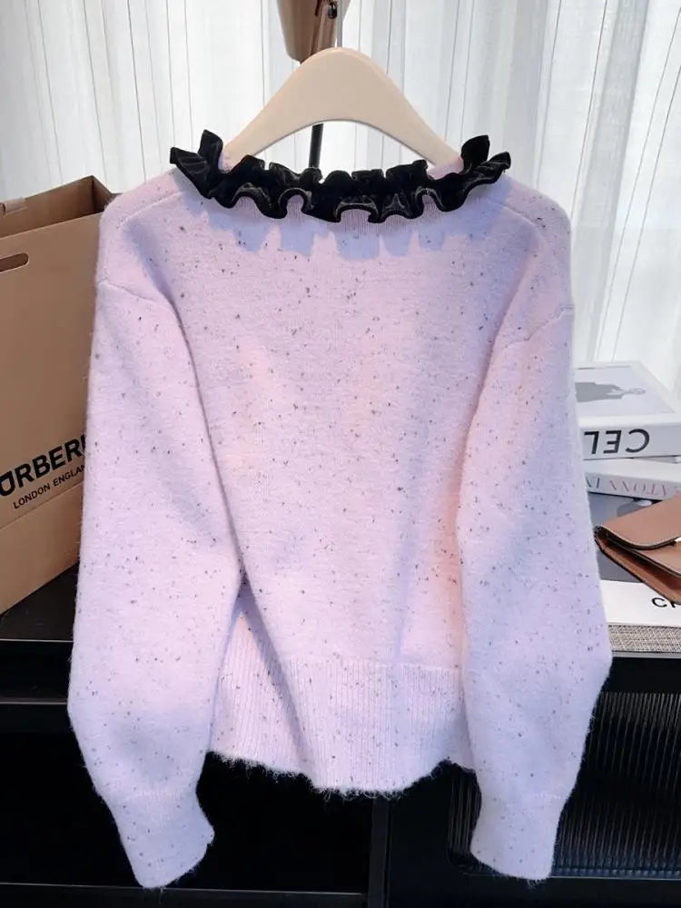 Autumn Winter French Patchwork Elegant V Neck Bow Ruffles Single Breasted Short Sweater Women New Long Sleeved Knitted Tops 2024