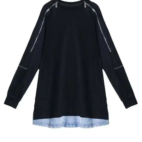 Load image into Gallery viewer, Women Black Denim Hem Zipper Big Size Casual Long T-shirt New Round Neck Long Sleeve Fashion Spring Autumn 2025 1DF6030
