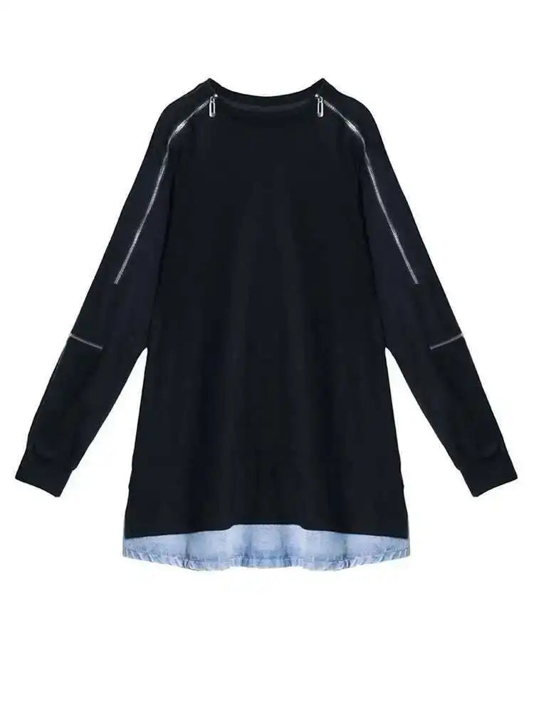 Women Black Denim Hem Zipper Big Size Casual Long T-shirt New Round Neck Long Sleeve Fashion Spring Autumn 2025 1DF6030