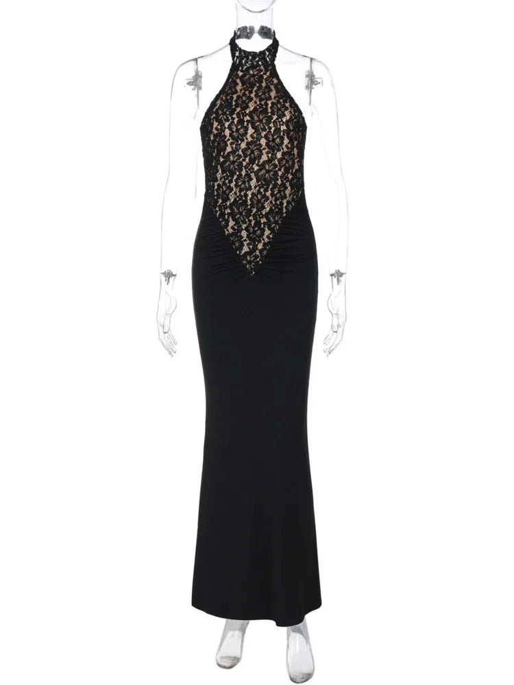 Lace Halter Backless Sexy Maxi Dress For Women Black Off-shoulder Strapless Sleeveless Bodycon Club Party Long Dress
