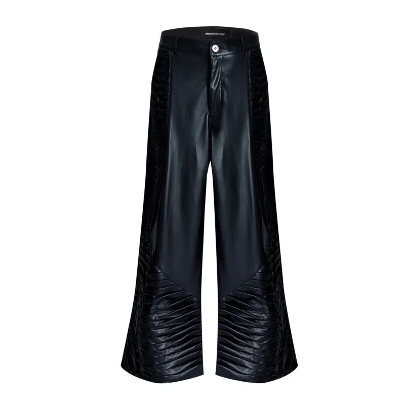 Pu Leather Pants Men Straight Wide Leg Trousers Side Three-dimensional Spine Creasing Design 2025 Spring Male 24E5172