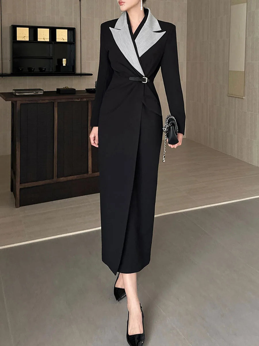 Slimming Spliced Folds Fashion Blazer Dresses for Women Lapel Long Sleeves Temperament Dress Female Clothing New