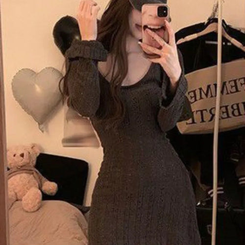Load image into Gallery viewer, Sexy Knit Knitted Sweater Dress Bodycon Women Autumn Vintage Retro Wrap Long Sleeve Short Mini Dresses  in Fashion
