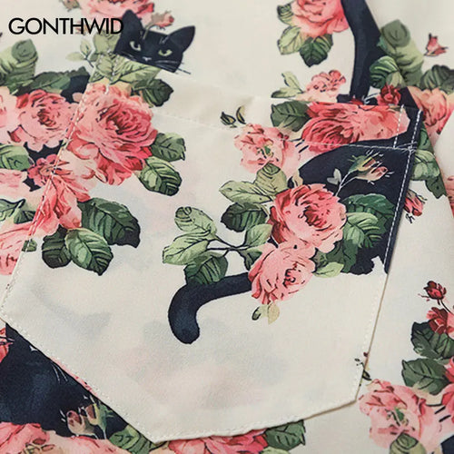 Load image into Gallery viewer, Men Oversized Hawaiian Shirts Black Cat Floral Graphic Print Button Up Blouse 2024 Harajuku Loose Short Sleeve Summer Beach Tops
