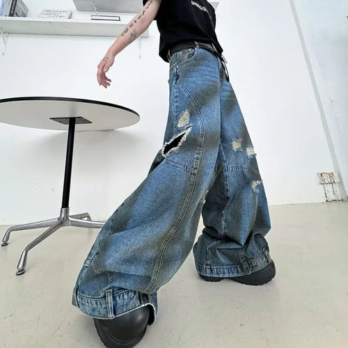 Load image into Gallery viewer, American Style Men&#39;s Jeans New Stylish Flip Design Wide Leg Dirty Pants High Street Men Wear Male Denim Trousers 9C7025
