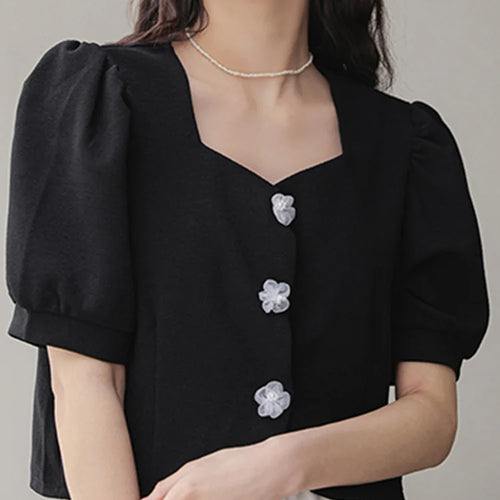 Load image into Gallery viewer, French Style Black Elegant Female Shirts New Summer Square Neck Puff Sleeve Pure Color Chic Buttons Casual Women Shirt
