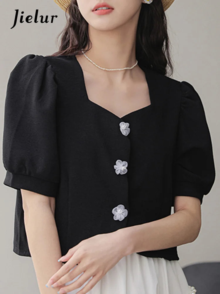 French Style Black Elegant Female Shirts New Summer Square Neck Puff Sleeve Pure Color Chic Buttons Casual Women Shirt