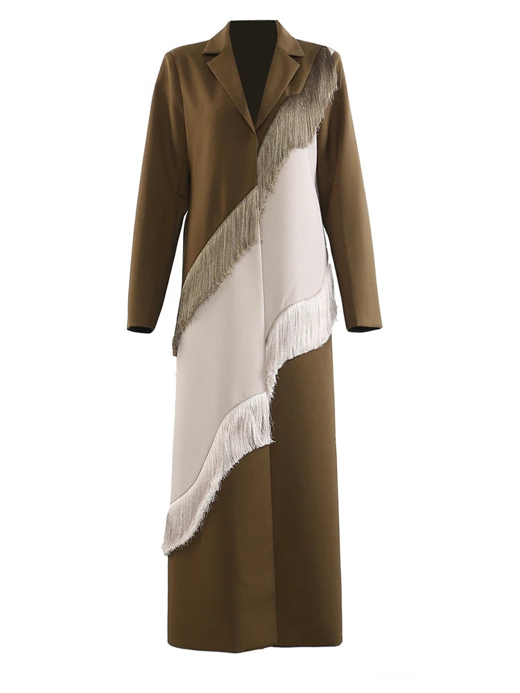 Women Army Green Color-block Tassels Big Size Blazer New Lapel Long Sleeve Jacket Fashion Tide Spring Autumn 2025 1DJ1290