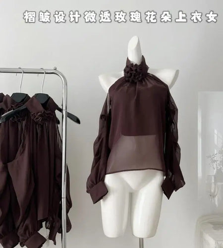 Autumn Brown Flower Elegant Festival Long Sleeve Halter Blouse Women Pullovers Shirt Ladies Off Shoulder Pleated Shirt Fashion