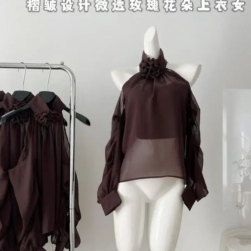 Load image into Gallery viewer, Autumn Brown Flower Elegant Festival Long Sleeve Halter Blouse Women Pullovers Shirt Ladies Off Shoulder Pleated Shirt Fashion
