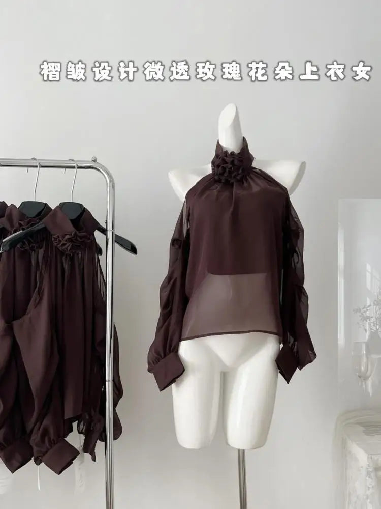 Autumn Brown Flower Elegant Festival Long Sleeve Halter Blouse Women Pullovers Shirt Ladies Off Shoulder Pleated Shirt Fashion