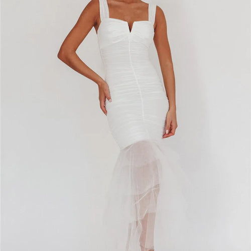 Load image into Gallery viewer, Mesh Backless Sexy Maxi Dress For Women Gown Two Layer Spaghetti Strap Sleeveless Ruched Bodycon Club Party Dress
