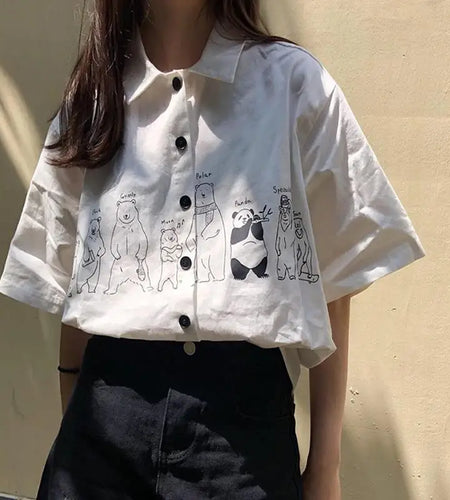 Preppy Style Oversized Loose Cartoon Print Women Blouse Harajuku Single Breasted Grunge Blusas Y2k Aesthetic Casual White Shirts