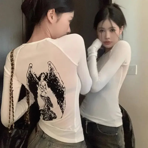 Load image into Gallery viewer, Sexy Y2k Tshirts Angel Printed Gauze Long Sleeved T-shirt for Women Backless Tunic Tees White See Throught Fashion Korean Tops
