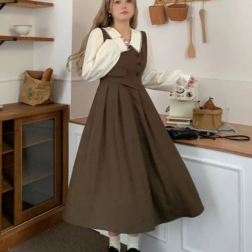 Load image into Gallery viewer, Preppy Style Vintage School Student Dress Women Retro Design Kawaii Brown Long Sleeve Midi Party Dresses Autumn
