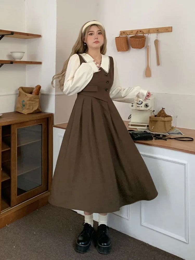 Preppy Style Vintage School Student Dress Women Retro Design Kawaii Brown Long Sleeve Midi Party Dresses Autumn