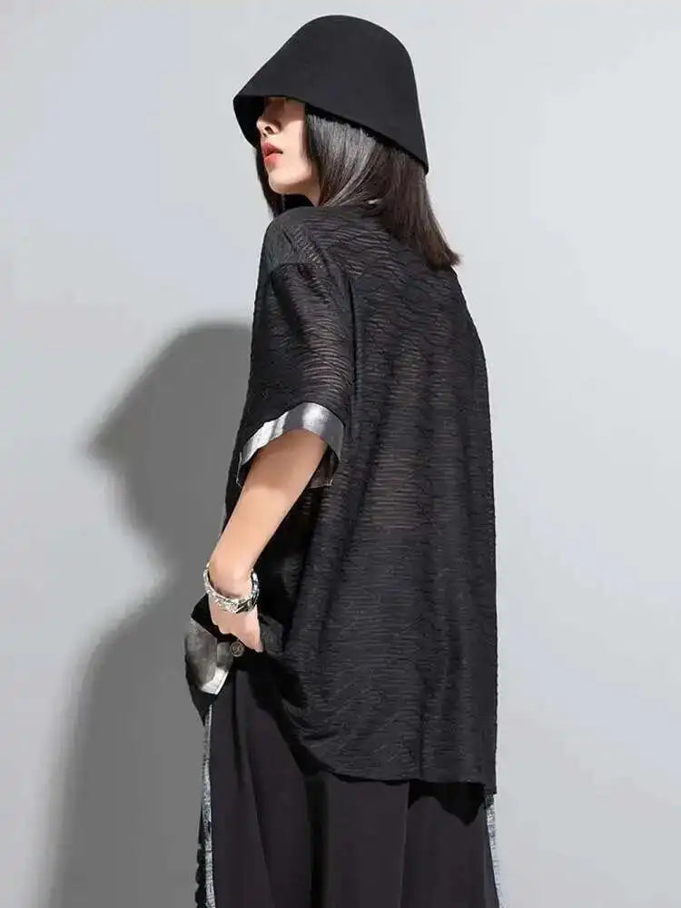 Women Black Tie Dye Printed Big Size Thin Blouse New Lapel Half Sleeve Loose Fit Shirt Fashion Spring Summer 2025 1DF8662