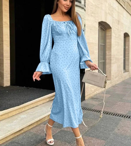 Elegant Single Shoulder Long Sleeve Printed Bodycon Dress Women Sexy Square Neck Slimming Holiday Beach Street Clothing