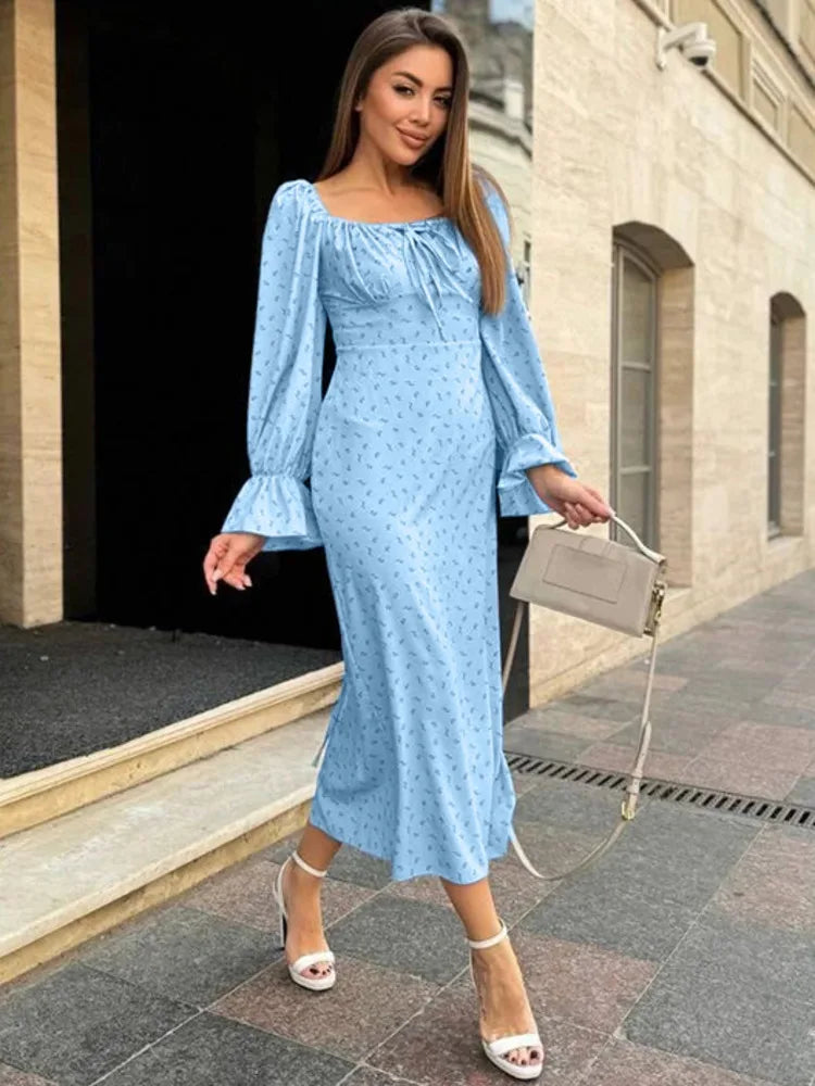 Elegant Single Shoulder Long Sleeve Printed Bodycon Dress Women Sexy Square Neck Slimming Holiday Beach Street Clothing