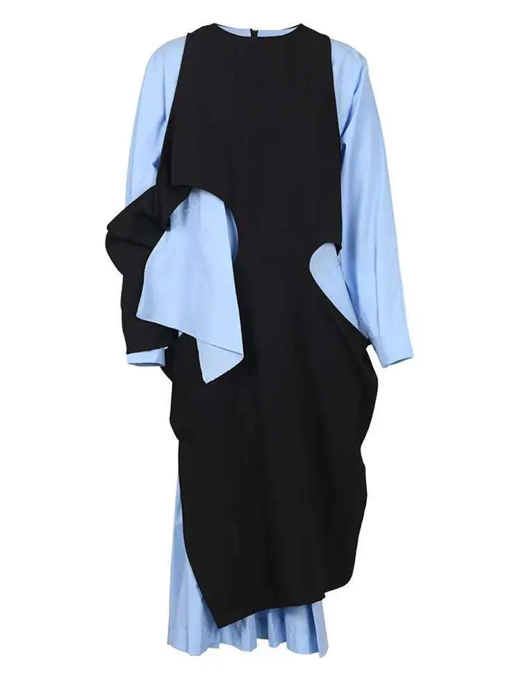 Women Blue Color-block Big Size Long Dress New Round Neck Long Sleeve Loose Fit Fashion Tide Spring Autumn 2025 1DH5325