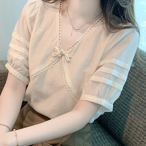 Load image into Gallery viewer, Chic Bow Pure Color Women Blouse French Style Puff Sleeve V-neck Simple Fashion Elegant Office Lady Apricot Basic Blouses
