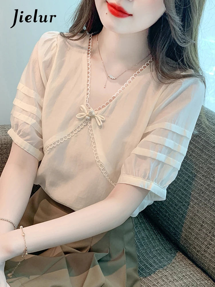 Chic Bow Pure Color Women Blouse French Style Puff Sleeve V-neck Simple Fashion Elegant Office Lady Apricot Basic Blouses