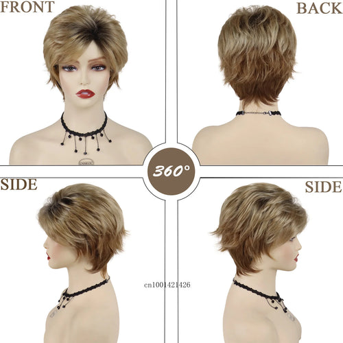 Load image into Gallery viewer, Short Haircuts Blonde Wigs Female Synthetic Fiber Gradient Blonde with Black Roots Pixie Cuts Ombre Wig with Bangs Mommy Wig Old
