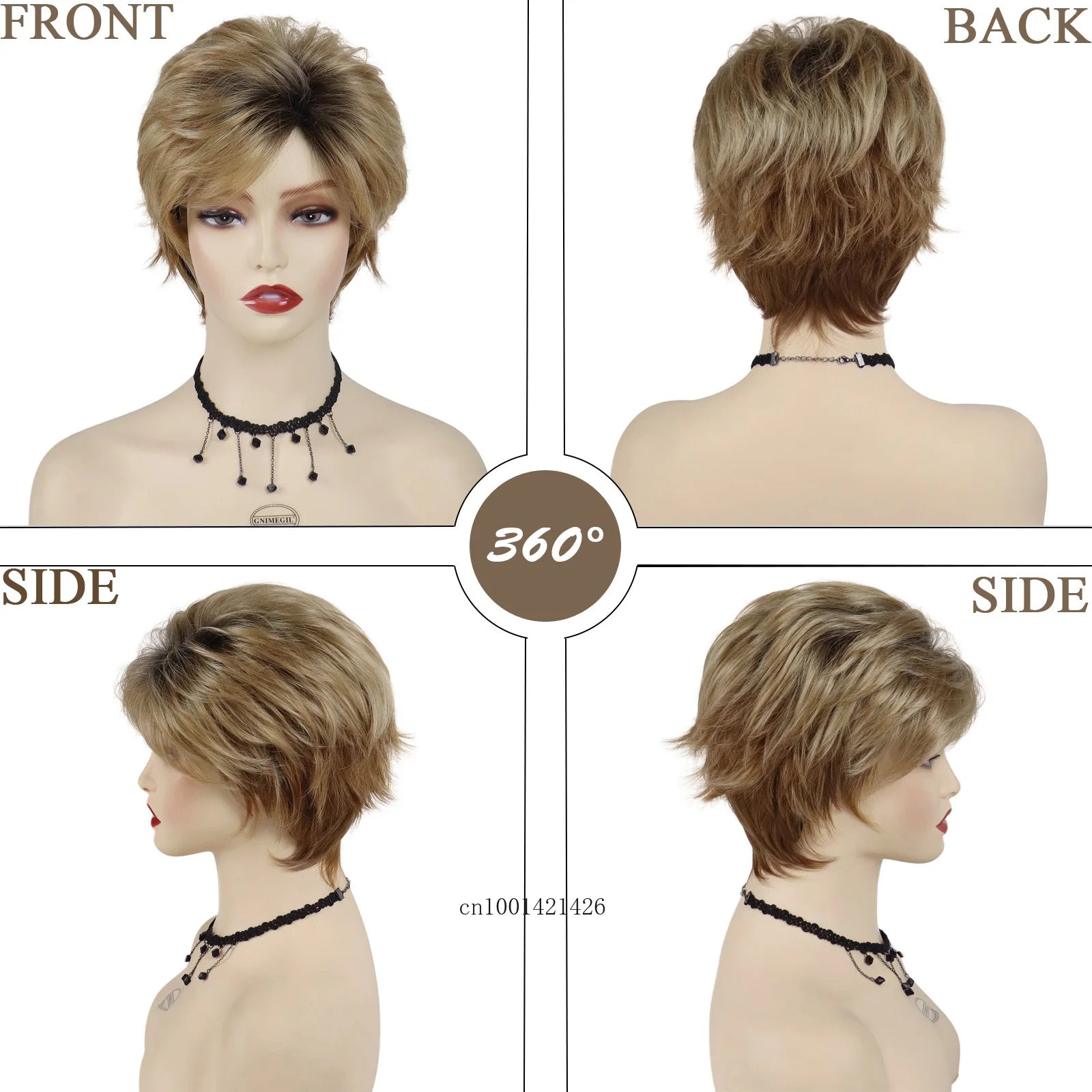 Short Haircuts Blonde Wigs Female Synthetic Fiber Gradient Blonde with Black Roots Pixie Cuts Ombre Wig with Bangs Mommy Wig Old