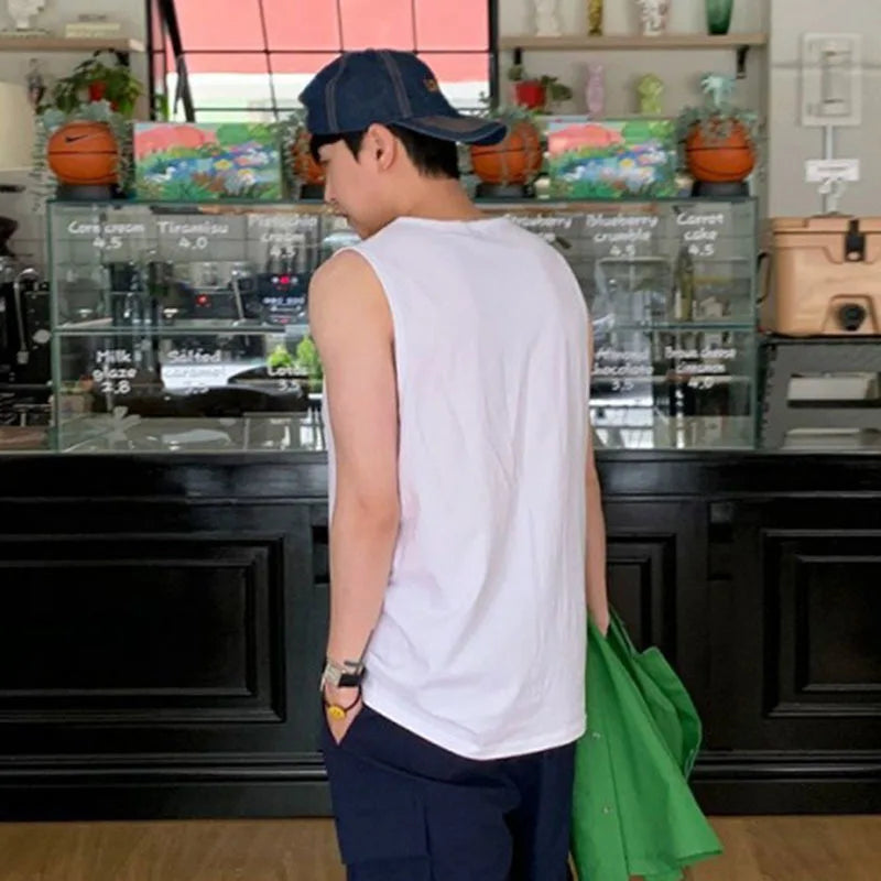 Men's Handsome Sports Vest New Summer Loose Round Neck Korean Pullover Trendy Solid Color Stylish Simple Male Top 9W1613