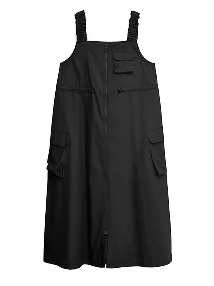 Women Black Pockets Drawstring Big Size Strap Dress New Square Collar Sleeveless Fashion Tide Spring Autumn 2025 1DH9934