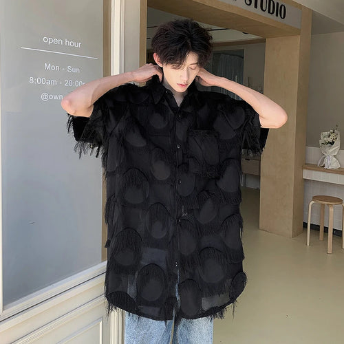 Load image into Gallery viewer, Summer Mesh Tassel Male Shirt Niche Short Sleeve Loose Fitting Shirts 2024 Solid Color Lapel Men Tops Fashion 24E1085
